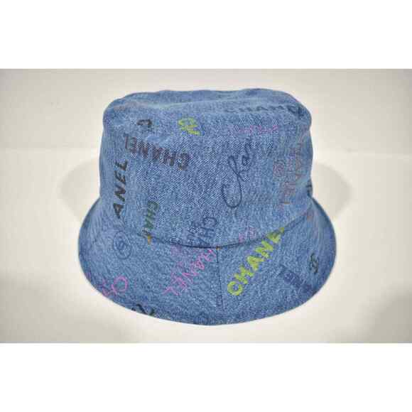 Chanel 22P Blue Black Pink Denim Graffiti CC Logo Sun Cloche Bucket Hat Small S - Picture 7 of 11